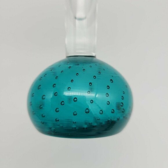 Vintage Teal Bubble Base Blown Glass Vase Narrow Mid Century Modern Smooth 8" - Picture 10 of 11